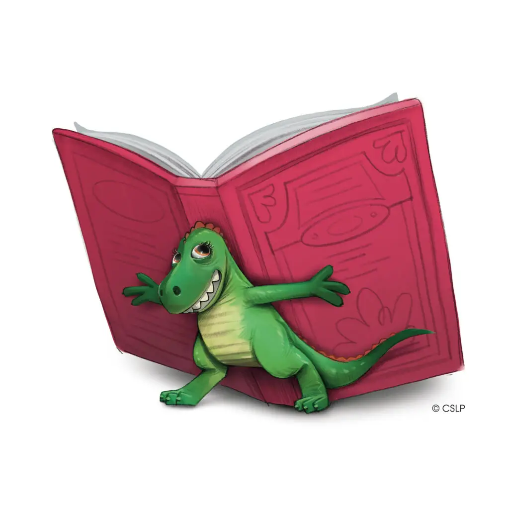 smiling, small, green T-rex holding larger red book