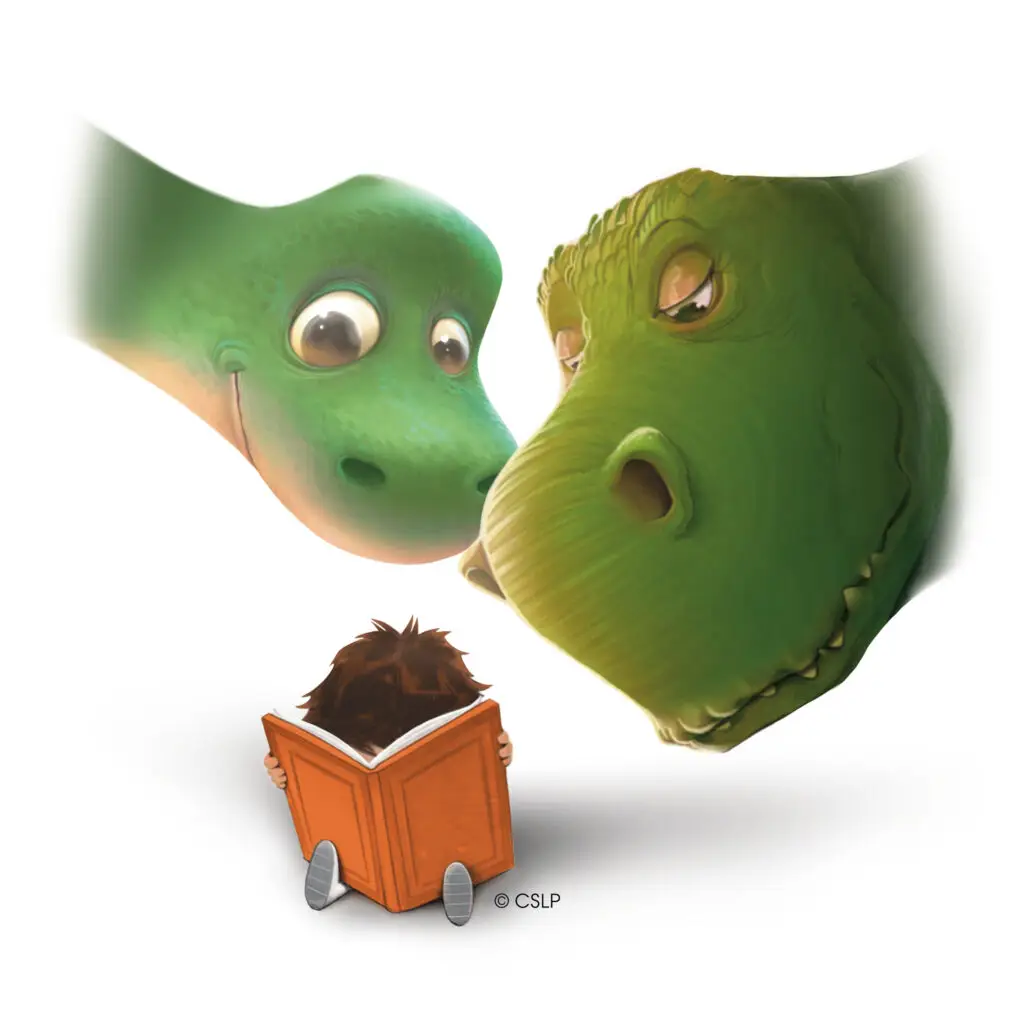 2 dinosaurs over a child reading a book