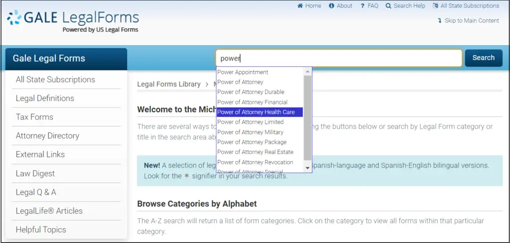 web shot of Gale Legal Forms website