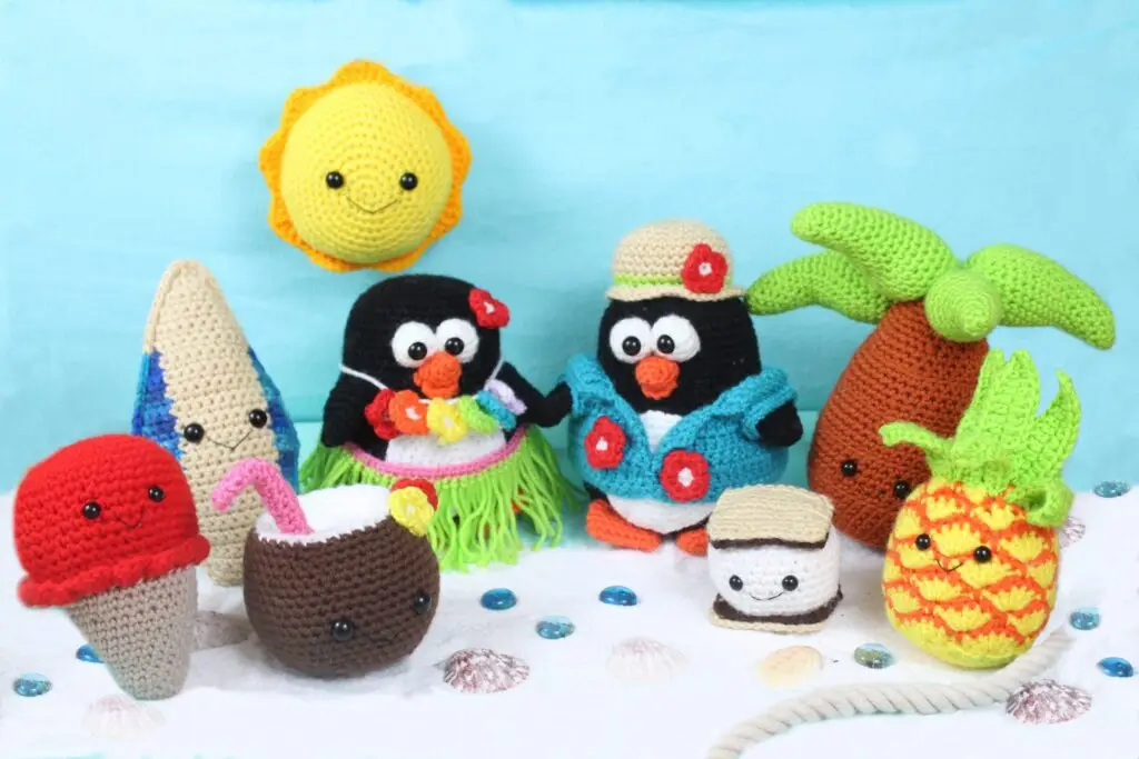 crocheted sun, ice cream cone, palm tree, penguins, pineapple, S'more, coconut, surf board