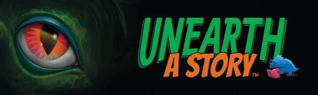 Unearth a Story Summer Reading Banner with eye of dinosaur and little blue dinosaur