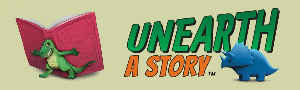 Unearth a Story Summer Reading Bannner with little green T-REx holding red book and little blue Triceratops