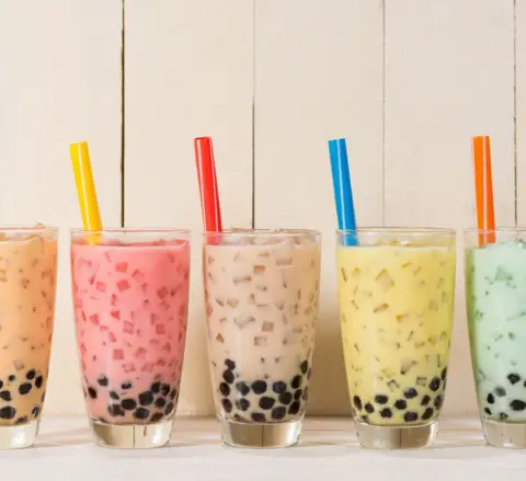 5 glasses of various Boba teas