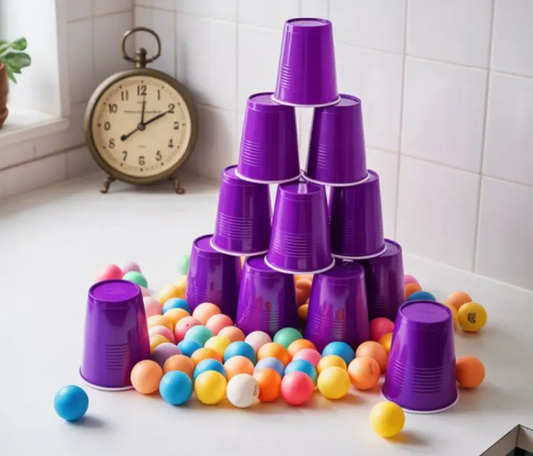 purple cups and colorful balls for cup game challenge