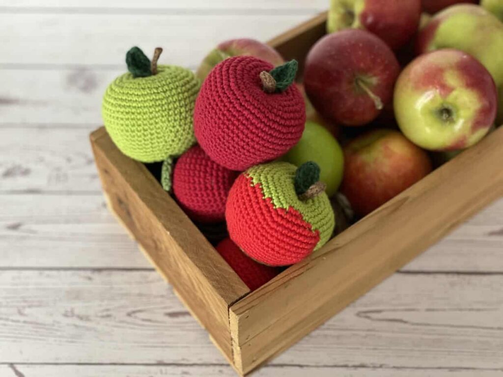 box of crochet apples