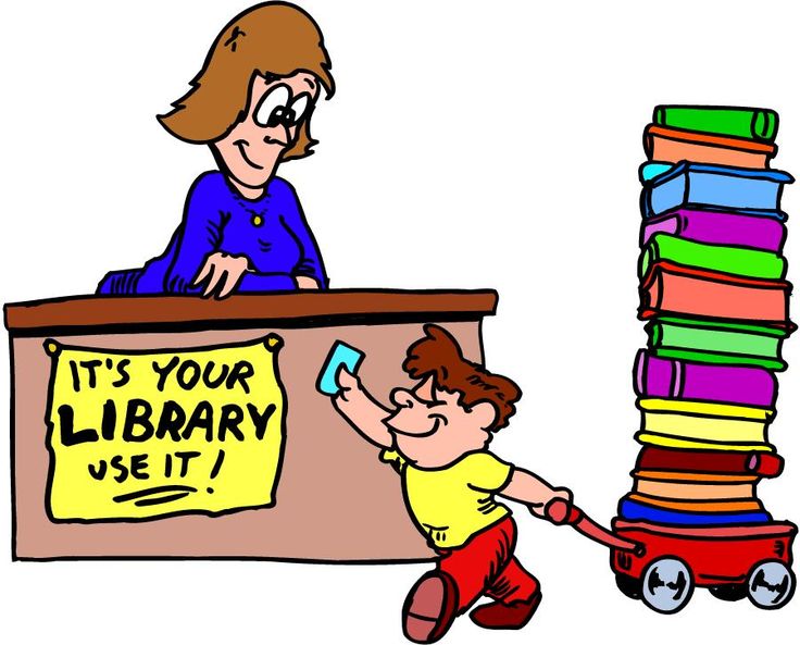 illustration of library circulatio desk with child bringing books and library card to check-out