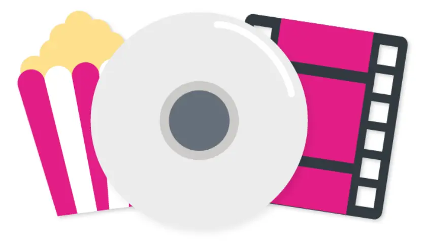 illustration of popcorn box, DVD, film
